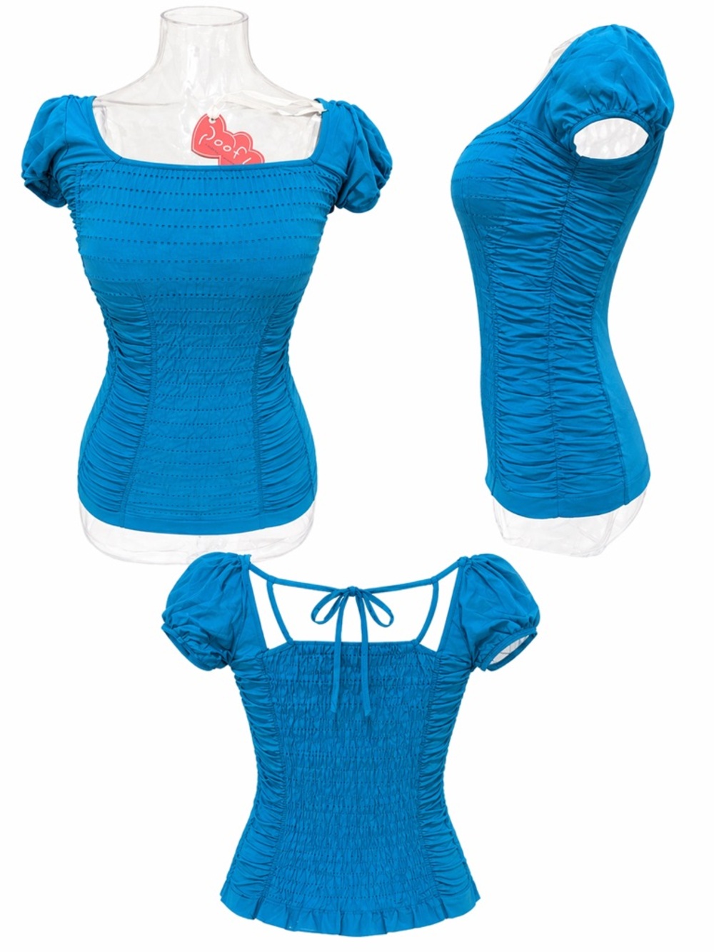 Teal Ruched Puff Sleeve Top Square Neck Fitted Stretch Blouse By Poof! S/M - Picture 2 of 6